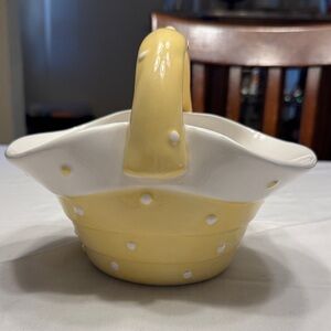 Vtg Pacific Rim hand painted yellow and White Polka Dot Ceramic Basket.